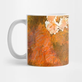 White flowers on the terracotta background. Mug